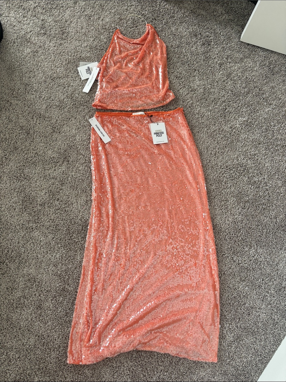 Princess Polly Coral Pink Sequin Two-Piece Skirt Set
